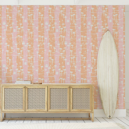 two color vertical stripe beach print featuring palm trees, beachgoers, lifeguard stands and ocean waves linen Natural Textured Eco-Friendly Non-toxic High-quality Sustainable practices Sustainability Interior Design Wall covering Bold Wallpaper Custom Tailor-made Retro chic Tropical Seaside Coastal Seashore Waterfront Vacation home styling Retreat Relaxed beach vibes Beach cottage Shoreline Oceanfront Nautical pink baby orange sunset tangerine corals