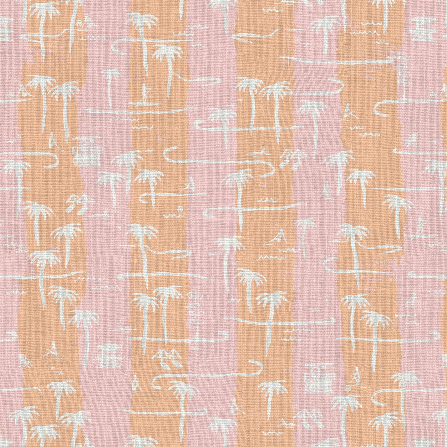 two color vertical stripe beach print featuring palm trees, beachgoers, lifeguard stands and ocean waves linen Natural Textured Eco-Friendly Non-toxic High-quality Sustainable practices Sustainability Interior Design Wall covering Bold Wallpaper Custom Tailor-made Retro chic Tropical Seaside Coastal Seashore Waterfront Vacation home styling Retreat Relaxed beach vibes Beach cottage Shoreline Oceanfront Nautical pink baby orange sunset tangerine corals