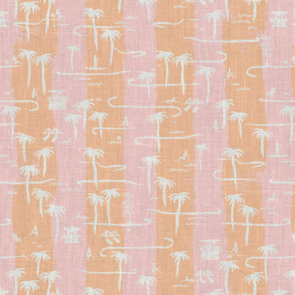 two color vertical stripe beach print featuring palm trees, beachgoers, lifeguard stands and ocean waves linen Natural Textured Eco-Friendly Non-toxic High-quality Sustainable practices Sustainability Interior Design Wall covering Bold Wallpaper Custom Tailor-made Retro chic Tropical Seaside Coastal Seashore Waterfront Vacation home styling Retreat Relaxed beach vibes Beach cottage Shoreline Oceanfront Nautical pink baby orange sunset tangerine corals