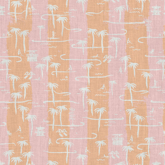 two color vertical stripe beach print featuring palm trees, beachgoers, lifeguard stands and ocean waves linen Natural Textured Eco-Friendly Non-toxic High-quality Sustainable practices Sustainability Interior Design Wall covering Bold Wallpaper Custom Tailor-made Retro chic Tropical Seaside Coastal Seashore Waterfront Vacation home styling Retreat Relaxed beach vibes Beach cottage Shoreline Oceanfront Nautical pink baby orange sunset tangerine corals