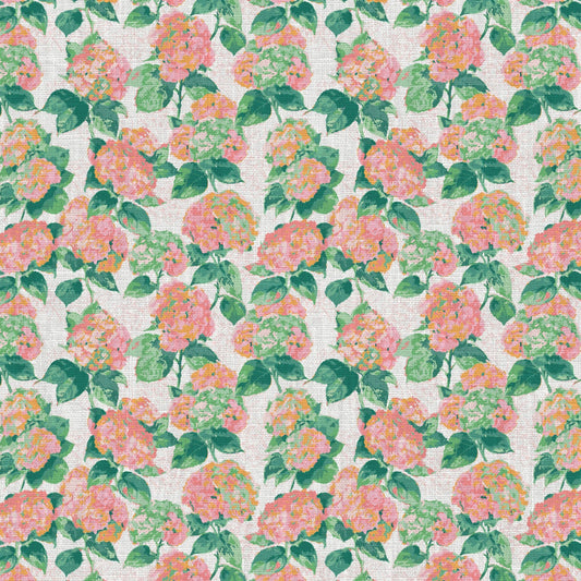 wallpaper Natural Textured Eco-Friendly Non-toxic High-quality  Sustainable Interior Design Bold Custom Tailor-made Retro chic Grand millennial Maximalism  Traditional Dopamine decor coastal garden hydrangea preppy  cabana kids cottage seashore feminine girly flower botanical linen luxury high end pink coral orange