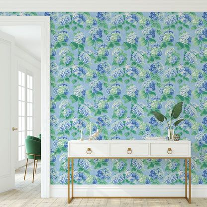 grasscloth paperweave wallpaper Natural Textured Eco-Friendly Non-toxic High-quality  Sustainable Interior Design Bold Custom Tailor-made Retro chic Grand millennial Maximalism  Traditional Dopamine decor coastal garden hydrangea preppy french blue lilac lavender cabana kids cottage seashore feminine girly flower botanical  basketweave basket weave