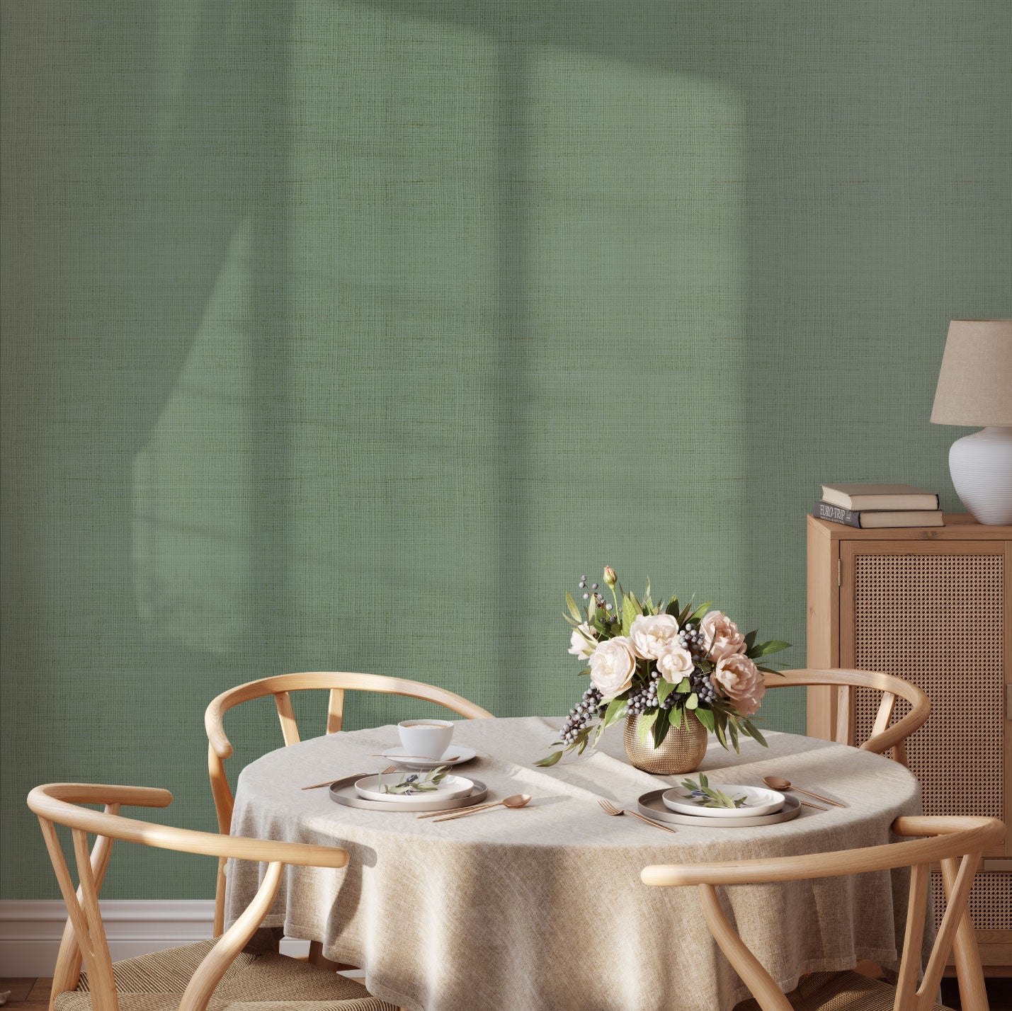 non-toxic sisal metallic textured wallpaper, eco friendly and sustainable with small hits of gold metallic on this designer wallcovering that is a moss green colored neutral paper.
