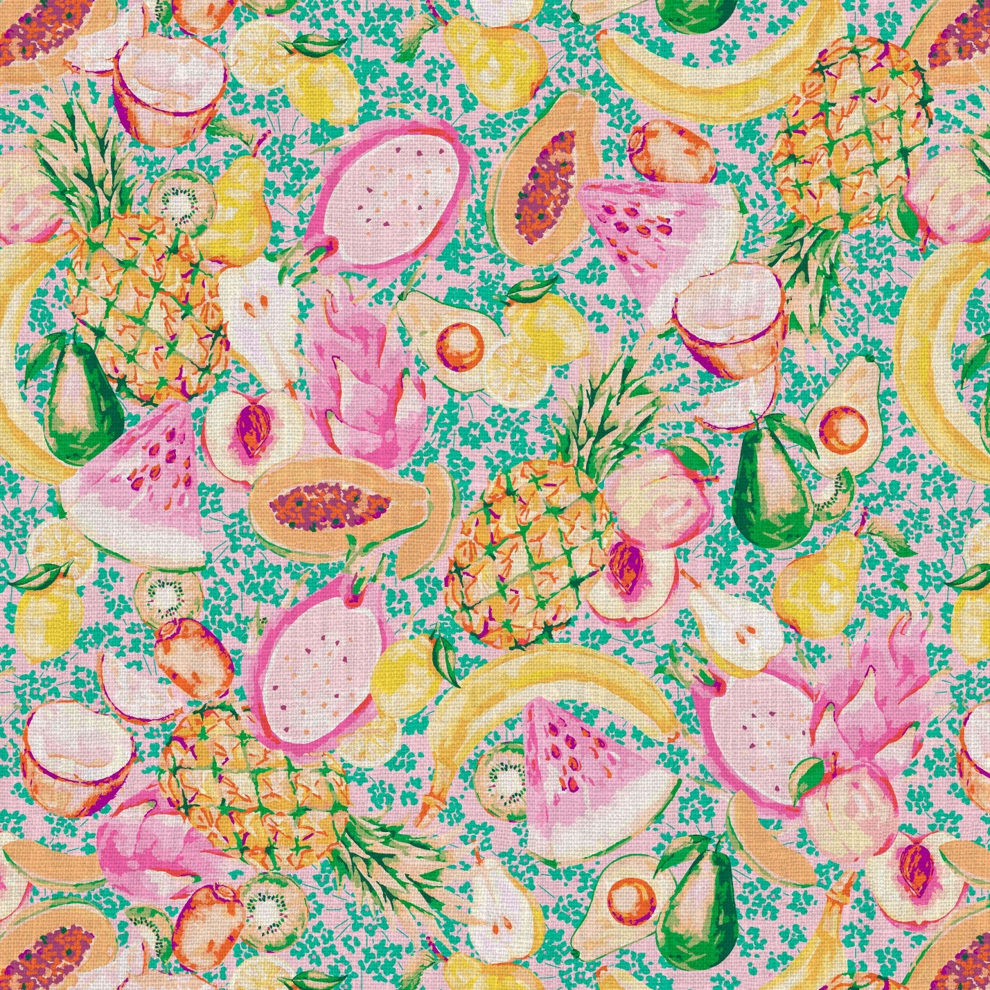 wallpaper hand painted with watercolors, blue based print with white ditsy florals with tossed fruit layered on top including: pineapples, limes, bananas, avocados, lemons, pears, peaches, watermelon, coconuts, mangos, bananas passion fruit Natural Textured Eco-Friendly Non-toxic High-quality Sustainable practices Sustainability Interior Design Wall covering Bold tropical retro chic garden linen