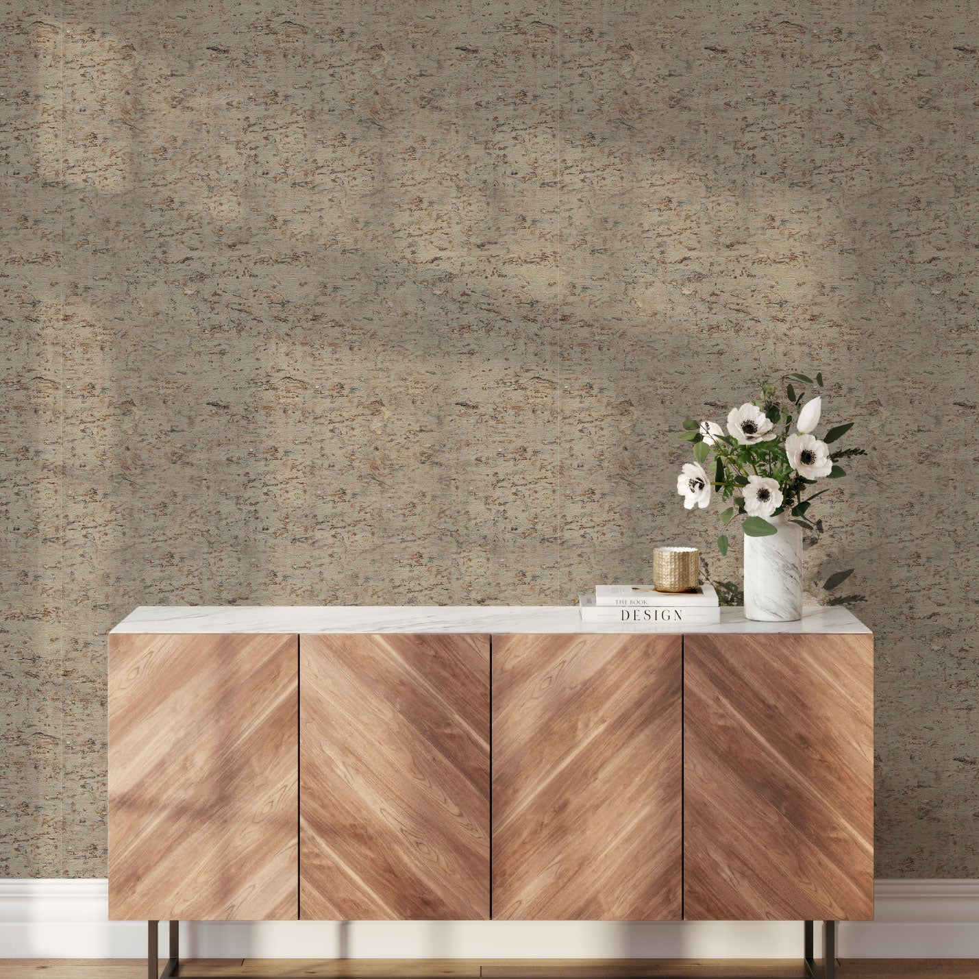 Natural Textured Eco-Friendly Non-toxic High-quality Sustainable practices Sustainability Interior Design Wall covering Bold Wallpaper Custom Tailor-made Retro chic cork nature luxury metallic shiny wood timeless coastal vacation interior design grain high-end shiny beige tan light brown silver metallic foyer entrance