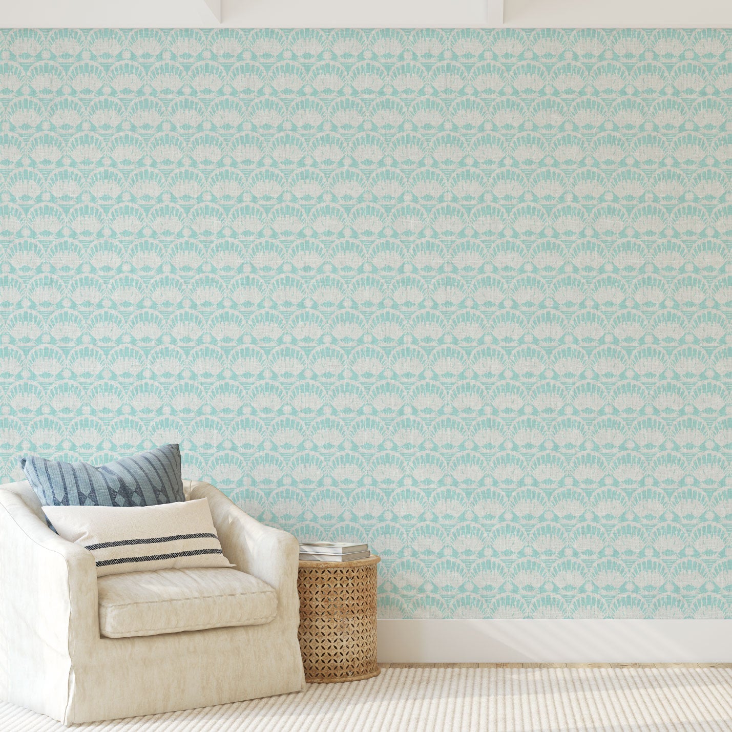 wallpaper seashell horizontal stripe Natural Textured Eco-Friendly Non-toxic High-quality Sustainable practices Sustainability Interior Design Wall covering custom tailor-made retro chic tropical bespoke nature Seaside Coastal Seashore Waterfront Vacation home styling Retreat Relaxed beach vibes Beach cottage Shoreline Oceanfront Nautical pastel subtle green teal white soft linen