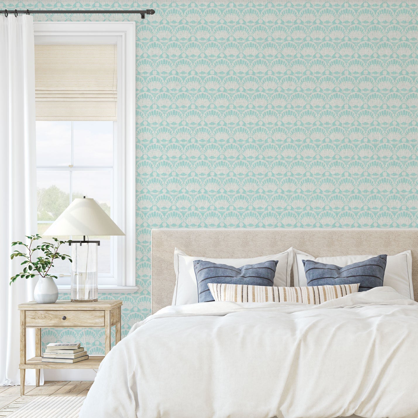 wallpaper seashell horizontal stripe Natural Textured Eco-Friendly Non-toxic High-quality Sustainable practices Sustainability Interior Design Wall covering custom tailor-made retro chic tropical bespoke nature Seaside Coastal Seashore Waterfront Vacation home styling Retreat Relaxed beach vibes Beach cottage Shoreline Oceanfront Nautical pastel subtle green teal white soft linen