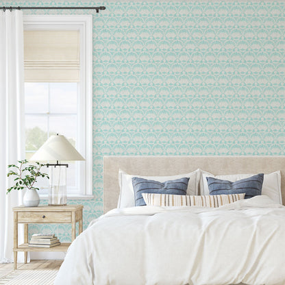 wallpaper seashell horizontal stripe Natural Textured Eco-Friendly Non-toxic High-quality Sustainable practices Sustainability Interior Design Wall covering custom tailor-made retro chic tropical bespoke nature Seaside Coastal Seashore Waterfront Vacation home styling Retreat Relaxed beach vibes Beach cottage Shoreline Oceanfront Nautical pastel subtle green teal white soft linen