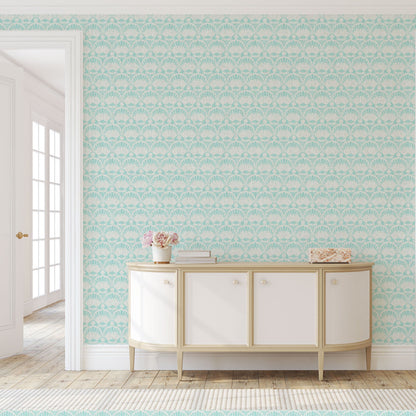 wallpaper seashell horizontal stripe Natural Textured Eco-Friendly Non-toxic High-quality Sustainable practices Sustainability Interior Design Wall covering custom tailor-made retro chic tropical bespoke nature Seaside Coastal Seashore Waterfront Vacation home styling Retreat Relaxed beach vibes Beach cottage Shoreline Oceanfront Nautical pastel subtle green teal white soft linen