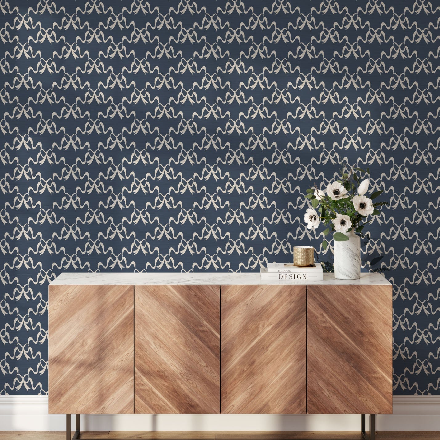 June St. George white bow on navy blue wallpaper wall covering grasscloth grass cloth paper weave textured custom luxury natural woman artist women contemporary modern interior design bold tailor made Eco-Friendly
Non-toxic
High-quality 
Sustainable
Retro chic
Grand millennial
Maximalism 
Traditional
Dopamine decor
girly