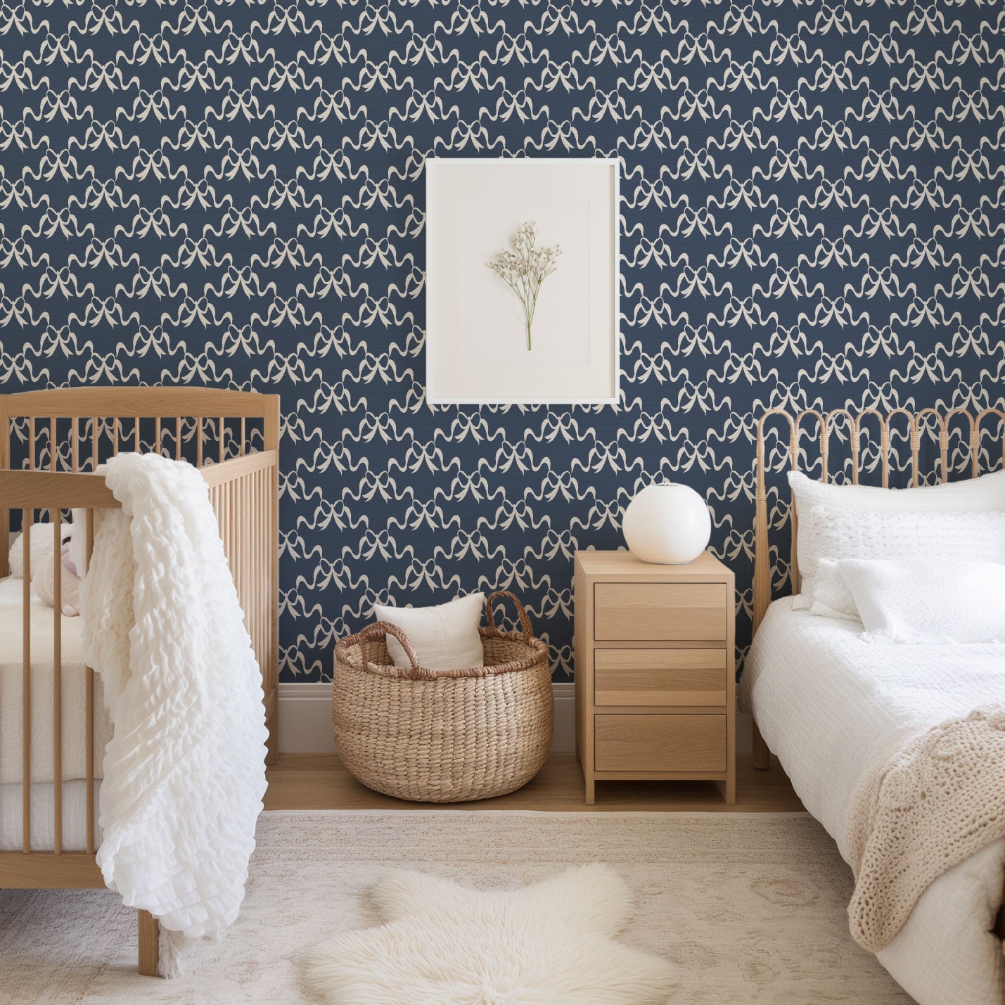 June St. George white bow on navy blue wallpaper wall covering grasscloth grass cloth paper weave textured custom luxury natural woman artist women contemporary modern interior design bold tailor made Eco-Friendly
Non-toxic
High-quality 
Sustainable
Retro chic
Grand millennial
Maximalism 
Traditional
Dopamine decor
girly