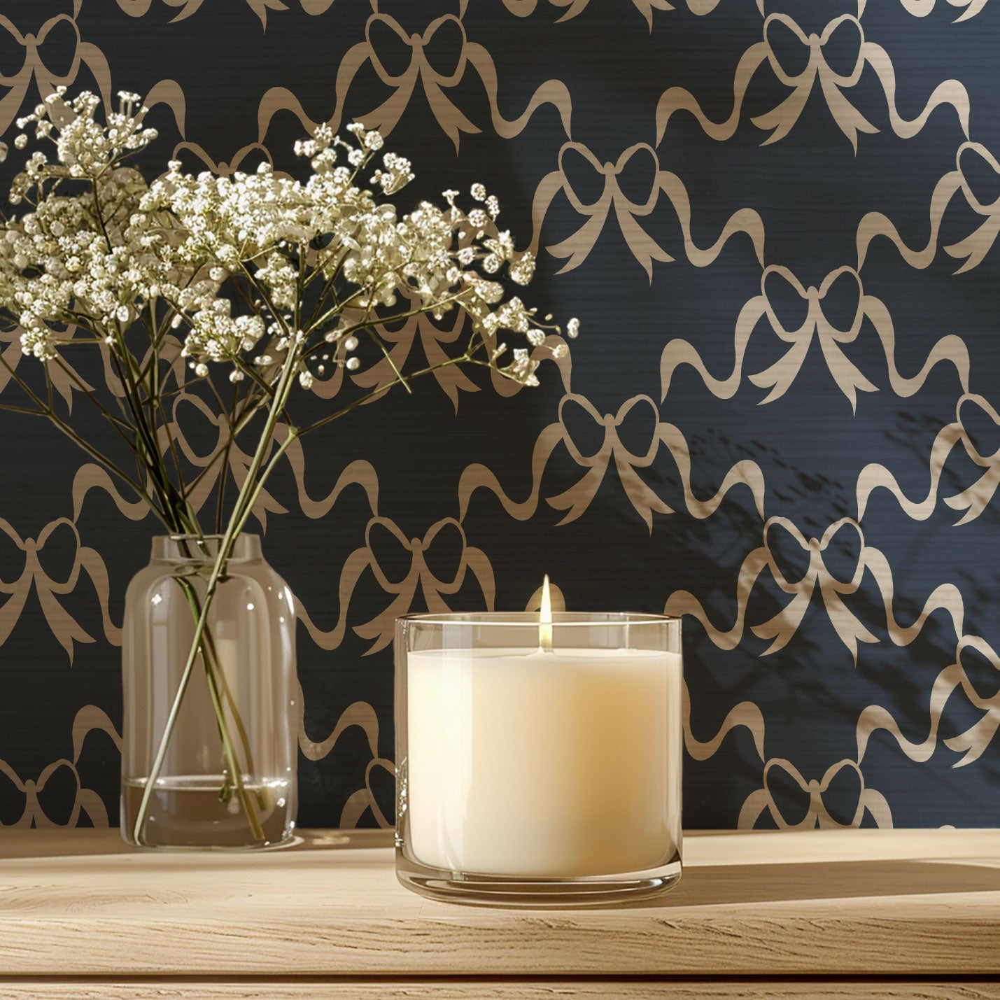 June St. George white bow on navy blue wallpaper wall covering grasscloth grass cloth paper weave textured custom luxury natural woman artist women contemporary modern interior design bold tailor made Eco-Friendly
Non-toxic
High-quality 
Sustainable
Retro chic
Grand millennial
Maximalism 
Traditional
Dopamine decor
girly
