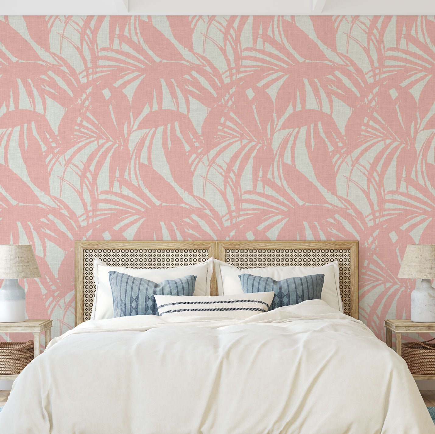 wallpaper oversize tropical leaf Natural Textured Eco-Friendly Non-toxic High-quality Sustainable practices Sustainability Interior Design Wall covering Bold retro chic custom jungle garden botanical Seaside Coastal Seashore Waterfront Vacation home styling Retreat Relaxed beach vibes Beach cottage Shoreline Oceanfront white peach pink coral pastel baby orange linen