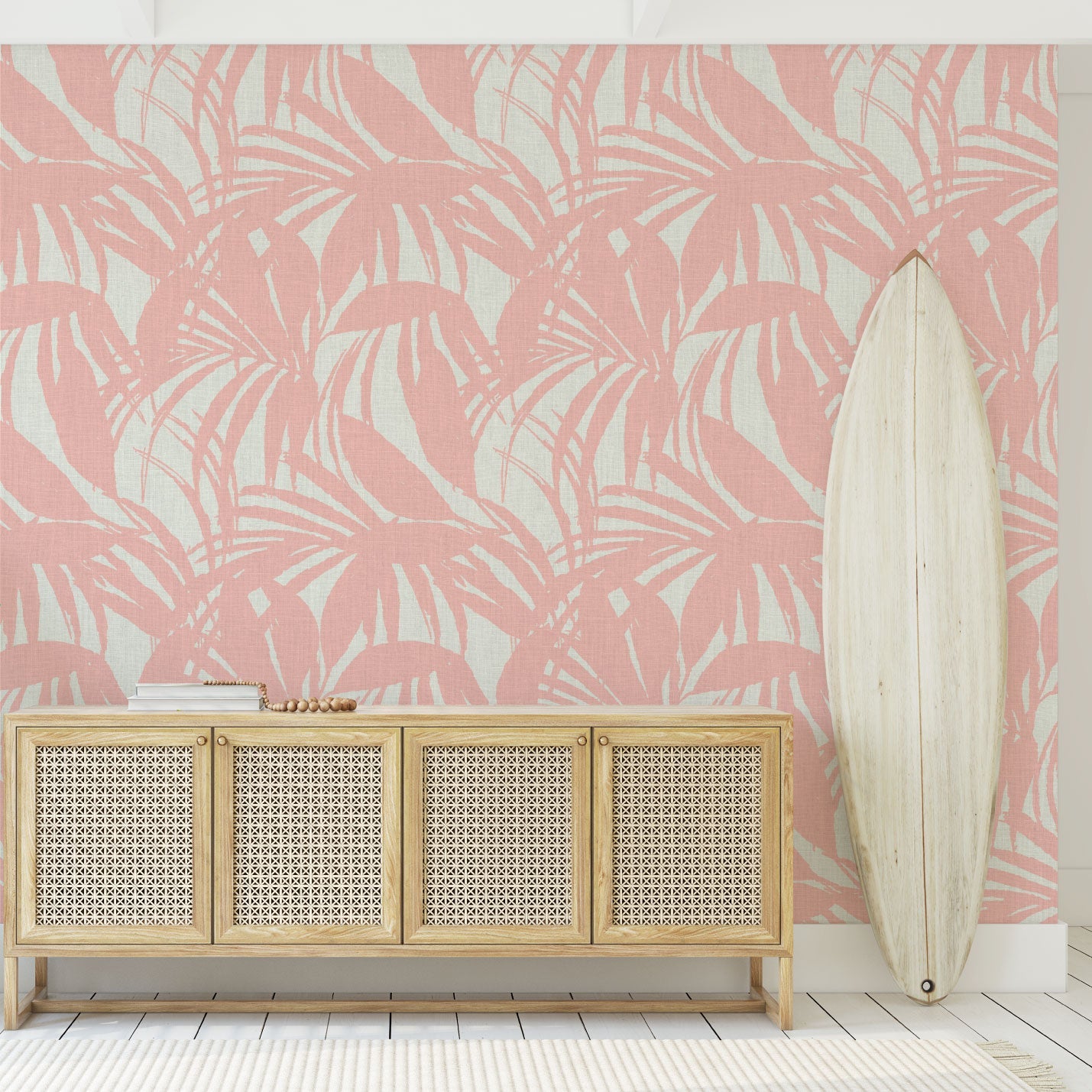 wallpaper oversize tropical leaf Natural Textured Eco-Friendly Non-toxic High-quality Sustainable practices Sustainability Interior Design Wall covering Bold retro chic custom jungle garden botanical Seaside Coastal Seashore Waterfront Vacation home styling Retreat Relaxed beach vibes Beach cottage Shoreline Oceanfront white peach pink coral pastel baby orange linen