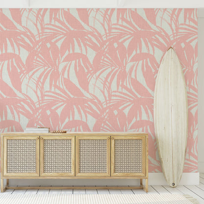 wallpaper oversize tropical leaf Natural Textured Eco-Friendly Non-toxic High-quality Sustainable practices Sustainability Interior Design Wall covering Bold retro chic custom jungle garden botanical Seaside Coastal Seashore Waterfront Vacation home styling Retreat Relaxed beach vibes Beach cottage Shoreline Oceanfront white peach pink coral pastel baby orange linen