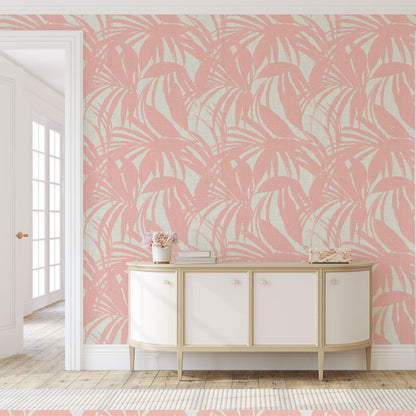 wallpaper oversize tropical leaf Natural Textured Eco-Friendly Non-toxic High-quality Sustainable practices Sustainability Interior Design Wall covering Bold retro chic custom jungle garden botanical Seaside Coastal Seashore Waterfront Vacation home styling Retreat Relaxed beach vibes Beach cottage Shoreline Oceanfront white peach pink coral pastel baby orange linen