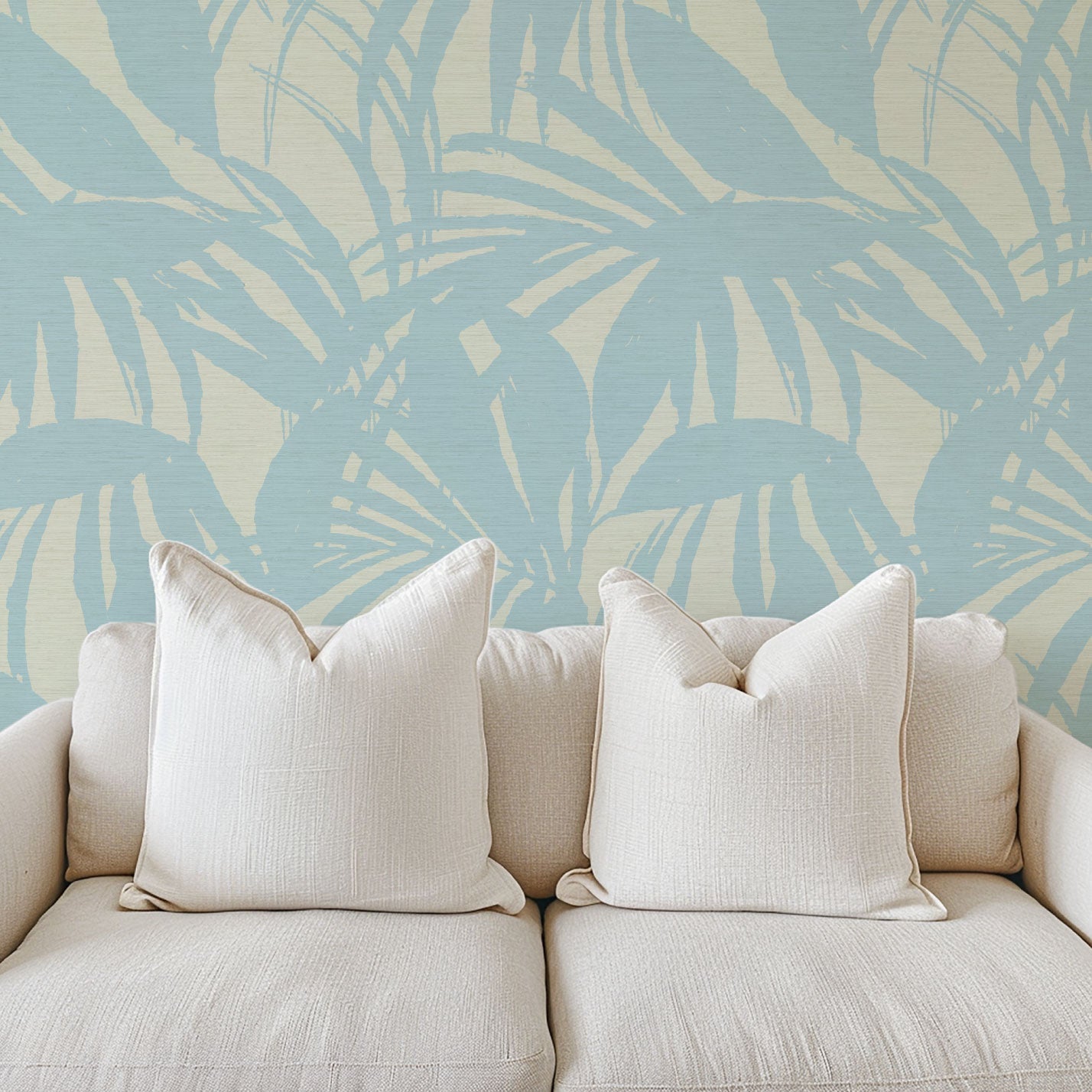 printed grasscloth wallpaper oversize tropical leaf Natural Textured Eco-Friendly Non-toxic High-quality  Sustainable practices Sustainability Interior Design Wall covering Bold retro chic custom jungle garden botanical Seaside Coastal Seashore Waterfront Vacation home styling Retreat Relaxed beach vibes Beach cottage Shoreline Oceanfront white blue ocean sky 