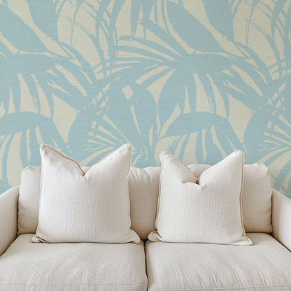 printed grasscloth wallpaper oversize tropical leaf Natural Textured Eco-Friendly Non-toxic High-quality  Sustainable practices Sustainability Interior Design Wall covering Bold retro chic custom jungle garden botanical Seaside Coastal Seashore Waterfront Vacation home styling Retreat Relaxed beach vibes Beach cottage Shoreline Oceanfront white blue ocean sky 