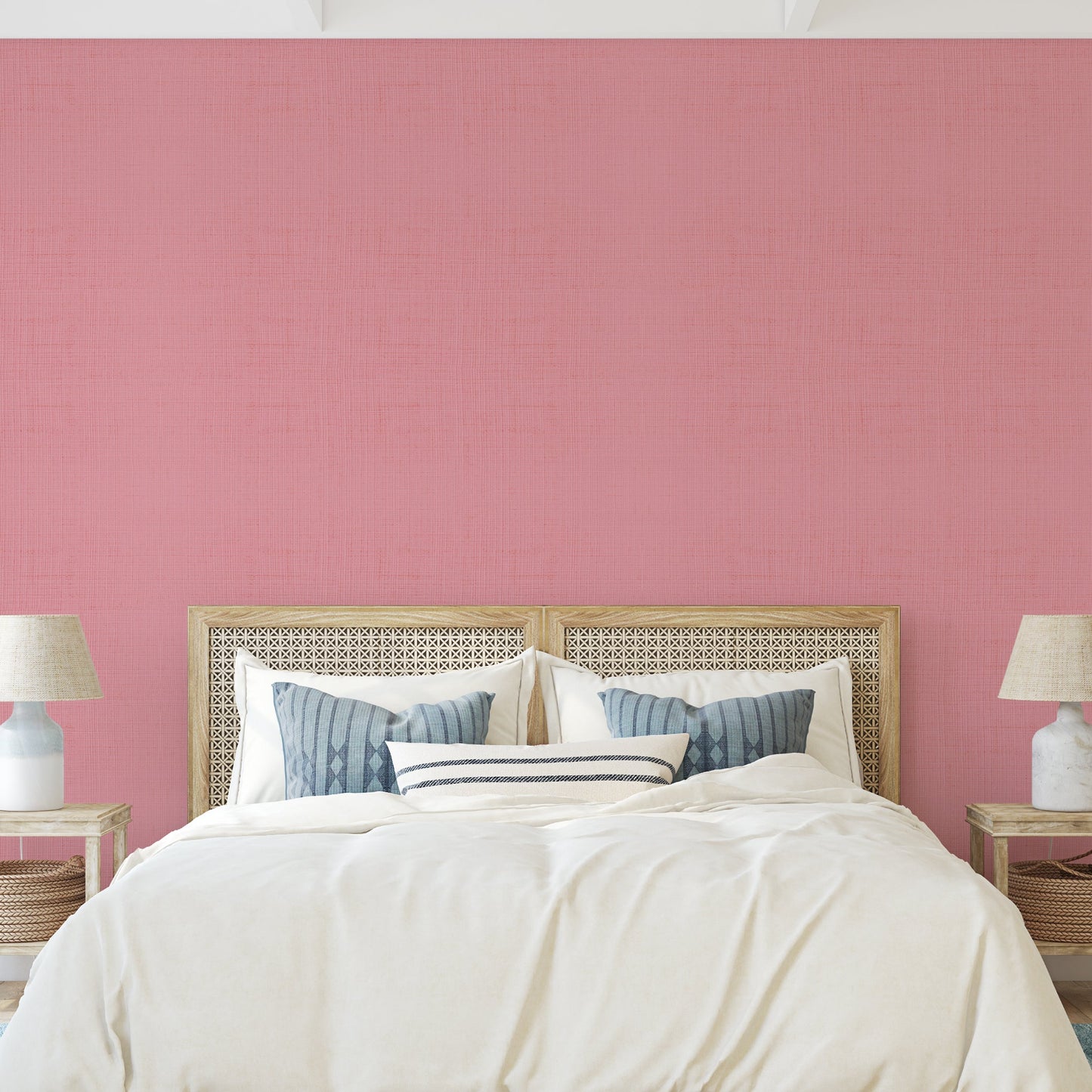 Grasscloth wallpaper Natural Textured Eco-Friendly Non-toxic High-quality Sustainable Interior Design Bold Custom Tailor-made Retro chic tropical Coastal Garden Seaside Seashore Waterfront Vacation home styling Retreat Relaxed beach vibes Beach cottage Shoreline Oceanfront Nautical Cabana preppy luxury timeless nature inspired pink bedroom