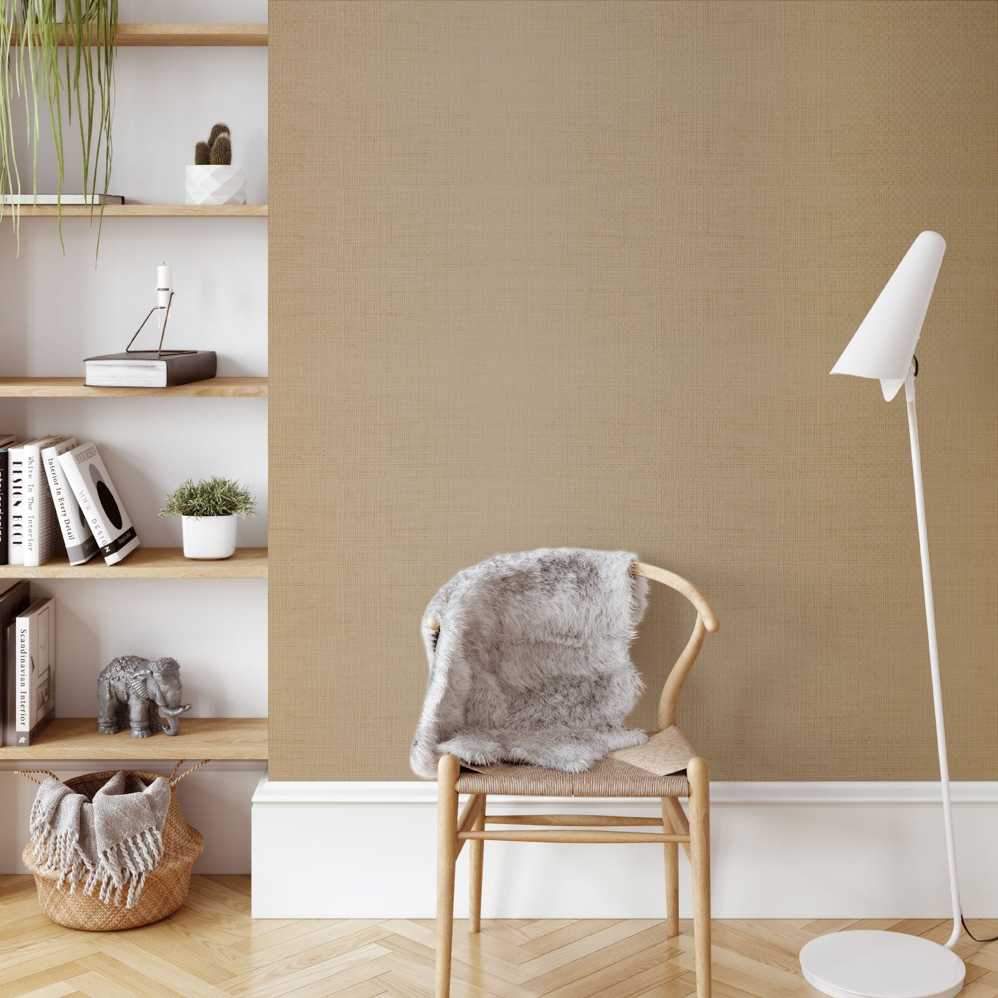 non-toxic sisal metallic textured wallpaper, eco friendly and sustainable fused to silver metallic paper on this designer wallcovering that is a tan colored neutral high-end paper.