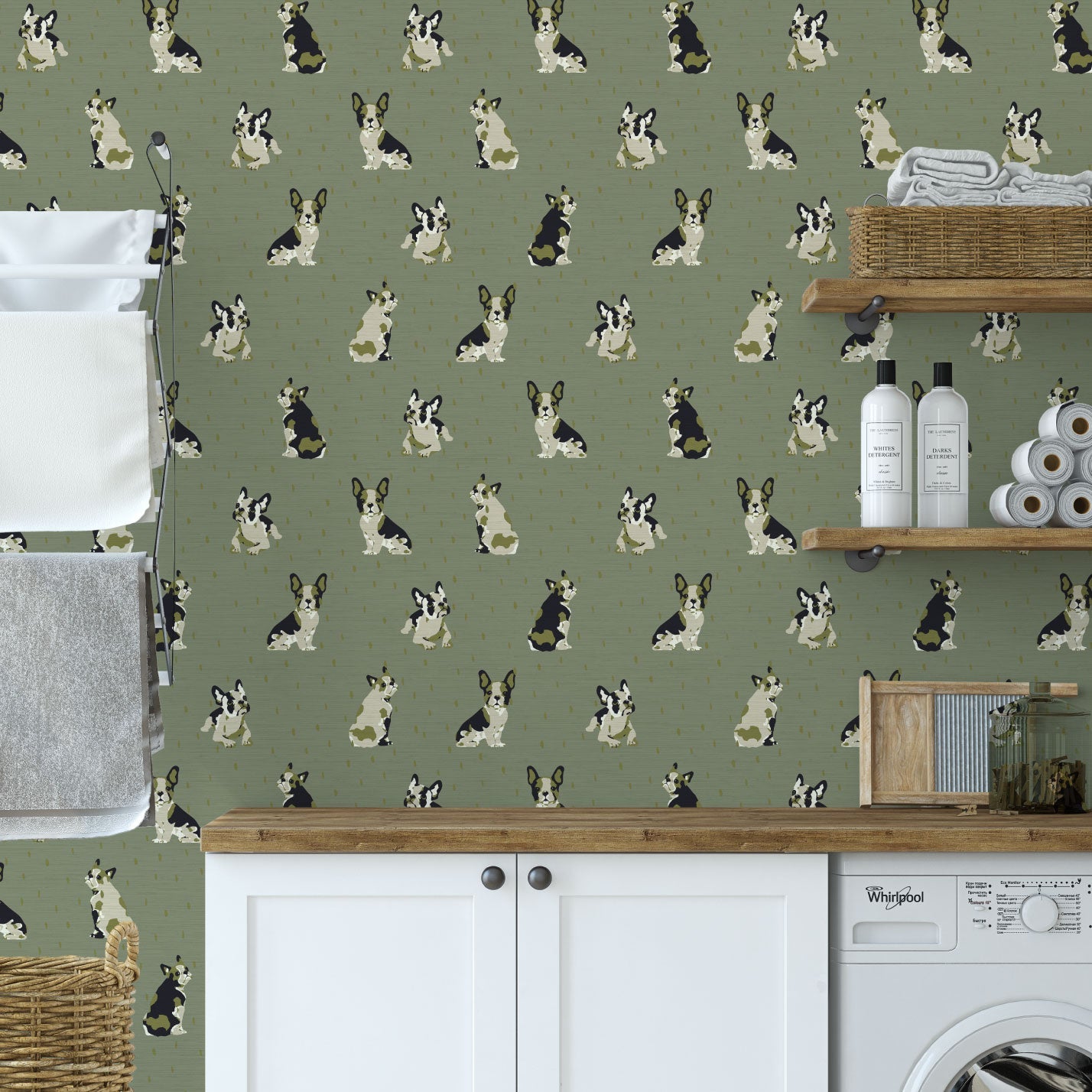 Grasscloth wallpaper Natural Textured Eco-Friendly Non-toxic High-quality  Sustainable Interior Design Bold Custom Tailor-made Retro chic Grandmillennial Maximalism  Traditional Dopamine decor dog animal french bulldog pouch hound kid kids playroom nursery mudroomRustic Cabin cottage Luxury Contemporary stripe olive green