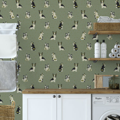 Grasscloth wallpaper Natural Textured Eco-Friendly Non-toxic High-quality  Sustainable Interior Design Bold Custom Tailor-made Retro chic Grandmillennial Maximalism  Traditional Dopamine decor dog animal french bulldog pouch hound kid kids playroom nursery mudroomRustic Cabin cottage Luxury Contemporary stripe olive green