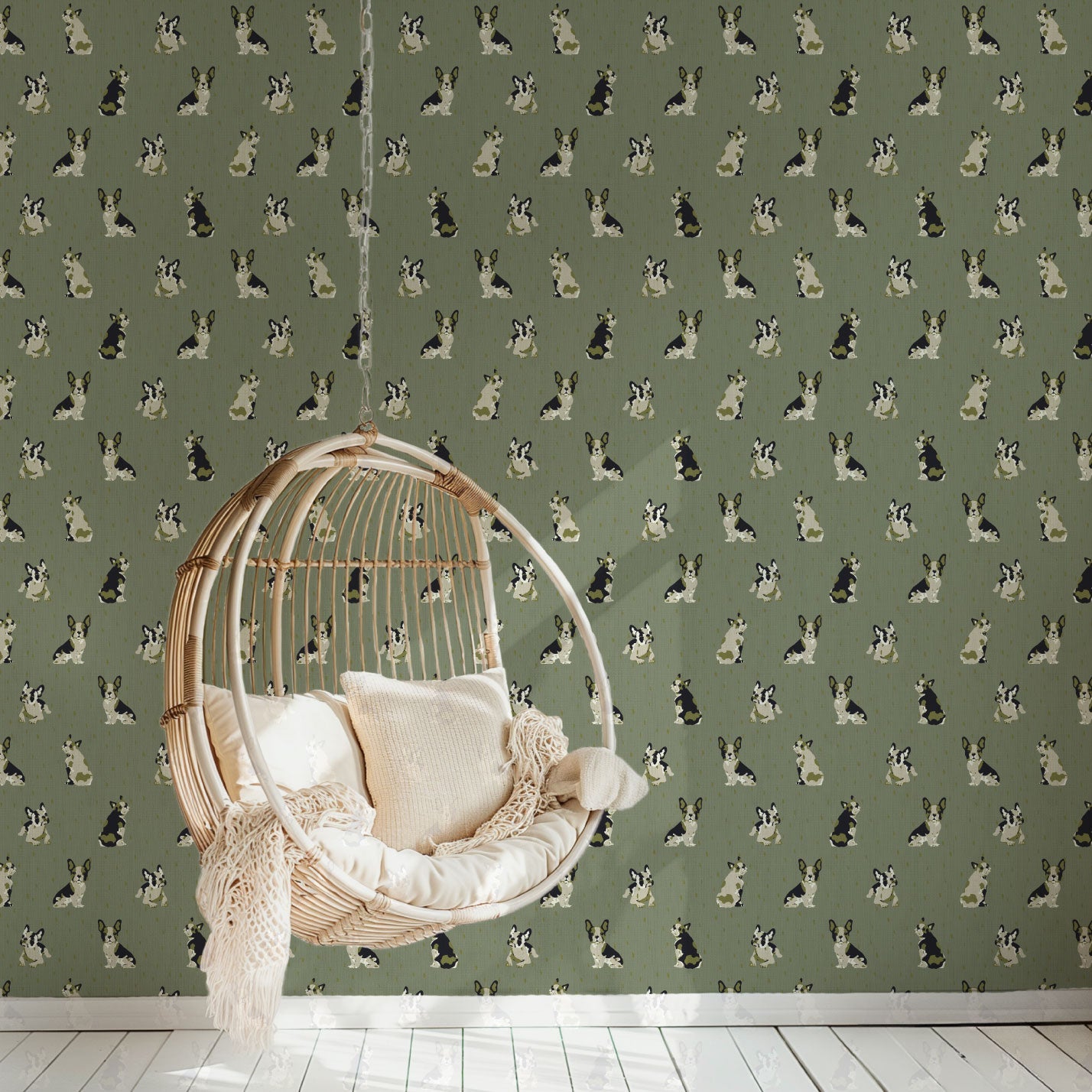 wallpaper Natural Textured Eco-Friendly Non-toxic High-quality  Sustainable Interior Design Bold Custom Tailor-made Retro chic Grandmillennial Maximalism  Traditional Dopamine decor dog animal french bulldog pouch hound kid kids playroom nursery mudroom Rustic Cabin cottage Luxury Contemporary stripe olive green paper weave