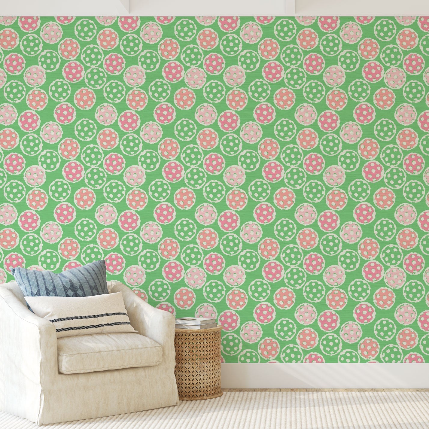 pickleball sport ball green white kids Grasscloth Natural Textured Eco-Friendly Non-toxic High-quality Sustainable practices Sustainability Interior Design Wall covering Bold Wallpaper Custom Tailor-made Retro chic custom made pink baby pink preppy