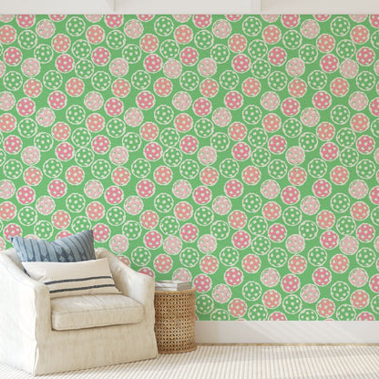 pickleball sport ball green white kids Grasscloth Natural Textured Eco-Friendly Non-toxic High-quality Sustainable practices Sustainability Interior Design Wall covering Bold Wallpaper Custom Tailor-made Retro chic custom made pink baby pink preppy