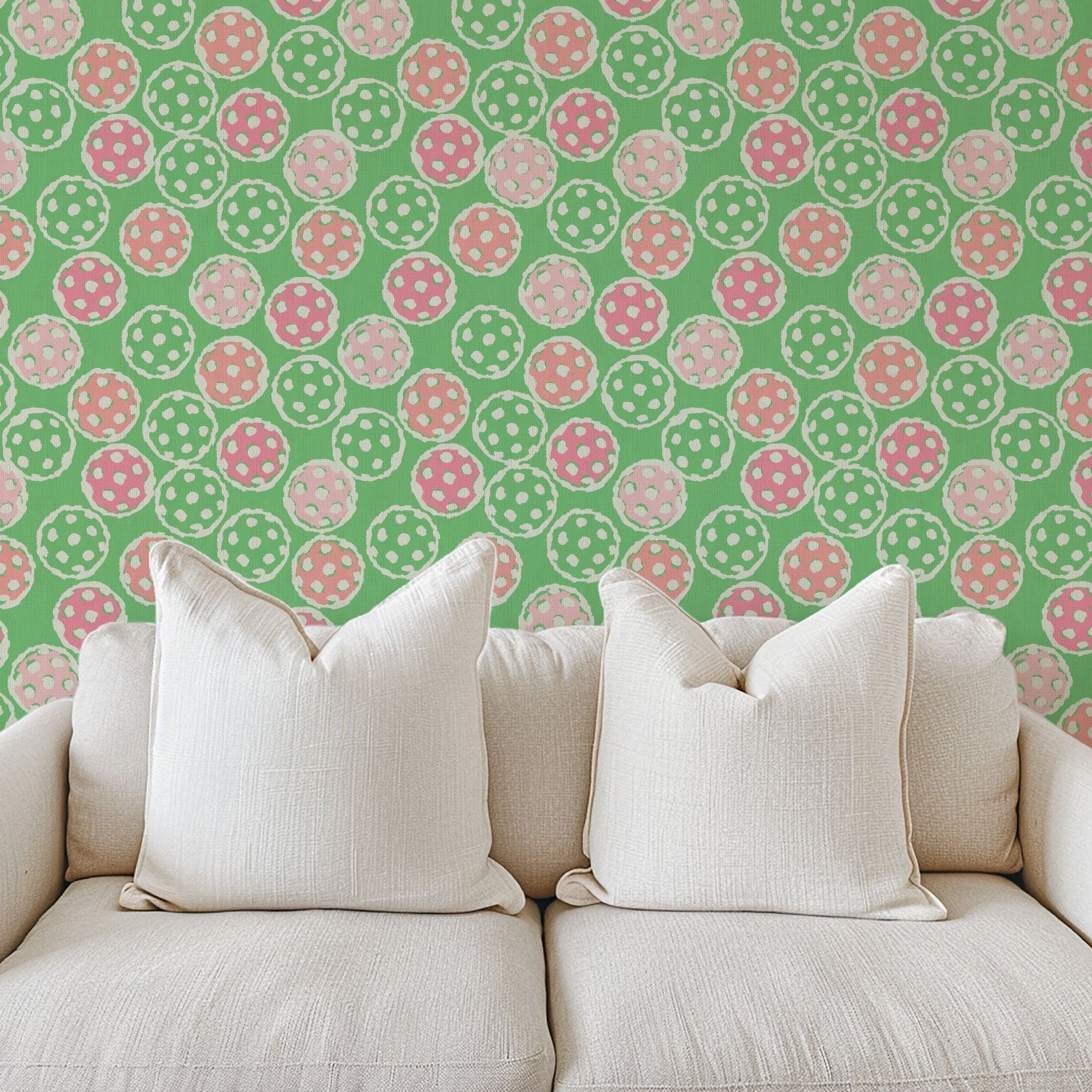 pickleball sport ball green white kids paperweave Natural Textured Eco-Friendly Non-toxic High-quality Sustainable practices Sustainability Interior Design Wall covering Bold Wallpaper Custom Tailor-made Retro chic custom made pink baby pink preppy paper weave paperweave