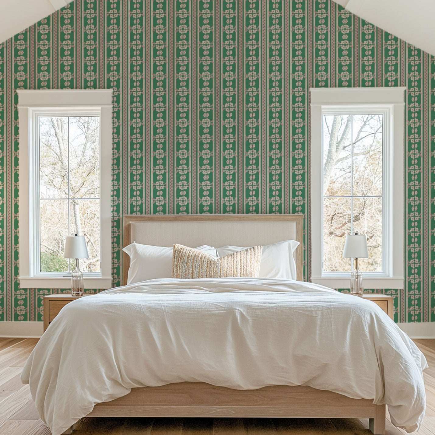 June St. George pink and white flowers on green and pink stripe wallpaper wall covering grasscloth grass cloth paper weave textured custom luxury natural woman artist women contemporary modern interior design bold tailor made Eco-Friendly
Non-toxic
High-quality 
Sustainable
Retro chic
Grand millennial
Maximalism 
Traditional
Dopamine decor
girly