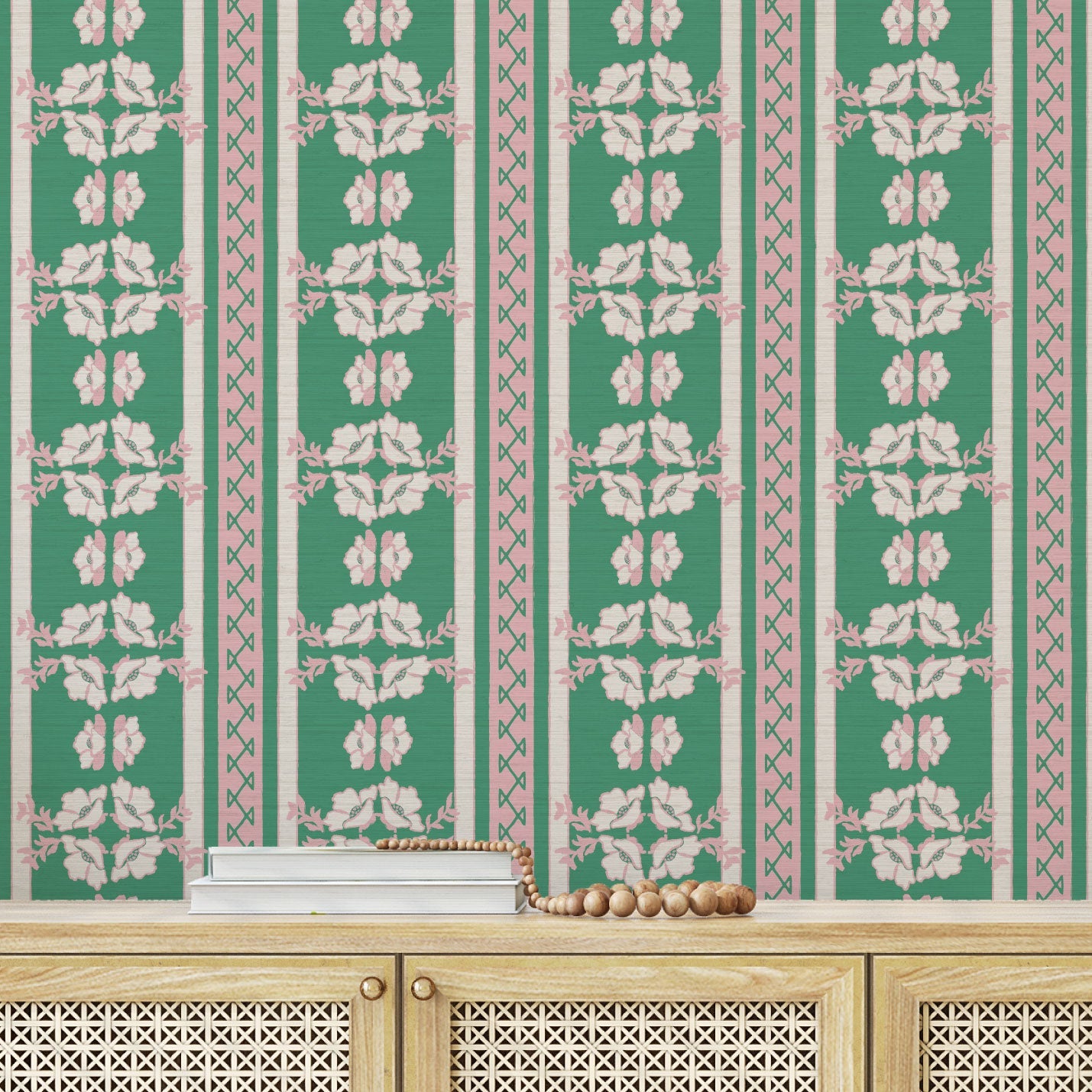 June St. George pink and white flowers on green and pink stripe wallpaper wall covering grasscloth grass cloth paper weave textured custom luxury natural woman artist women contemporary modern interior design bold tailor made Eco-Friendly
Non-toxic
High-quality 
Sustainable
Retro chic
Grand millennial
Maximalism 
Traditional
Dopamine decor
girly