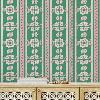 June St. George pink and white flowers on green and pink stripe wallpaper wall covering grasscloth grass cloth paper weave textured custom luxury natural woman artist women contemporary modern interior design bold tailor made Eco-Friendly
Non-toxic
High-quality 
Sustainable
Retro chic
Grand millennial
Maximalism 
Traditional
Dopamine decor
girly