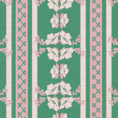 June St. George pink and white flowers on green and pink stripe wallpaper wall covering grasscloth grass cloth paper weave textured custom luxury natural woman artist women contemporary modern interior design bold tailor made Eco-Friendly
Non-toxic
High-quality 
Sustainable
Retro chic
Grand millennial
Maximalism 
Traditional
Dopamine decor
girly