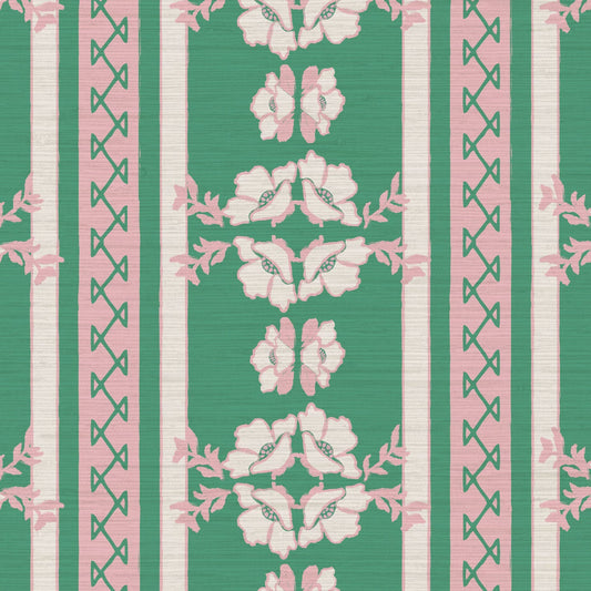 June St. George pink and white flowers on green and pink stripe wallpaper wall covering grasscloth grass cloth paper weave textured custom luxury natural woman artist women contemporary modern interior design bold tailor made Eco-Friendly
Non-toxic
High-quality 
Sustainable
Retro chic
Grand millennial
Maximalism 
Traditional
Dopamine decor
girly