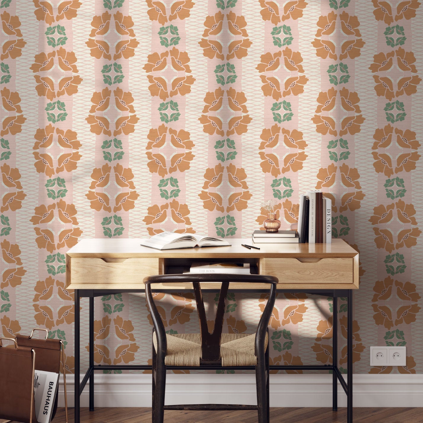 June St. George gold and green flowers on pink and white stripe wallpaper wall covering grasscloth grass cloth paper weave textured custom luxury natural woman artist women contemporary modern interior design bold tailor made Eco-Friendly
Non-toxic
High-quality 
Sustainable
Retro chic
Grand millennial
Maximalism 
Traditional
Dopamine decor
girly