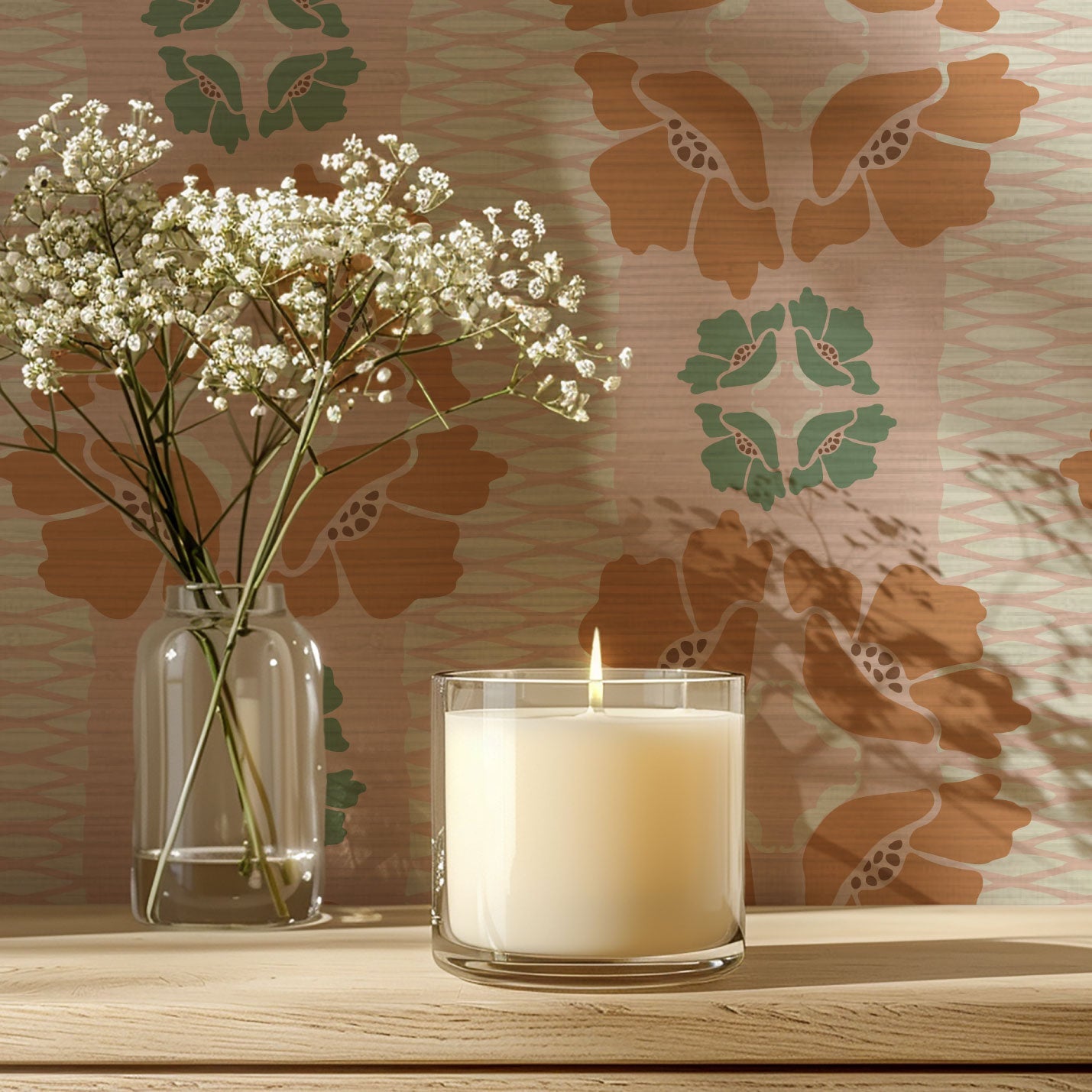 June St. George gold and green flowers on pink and white stripe wallpaper wall covering grasscloth grass cloth paper weave textured custom luxury natural woman artist women contemporary modern interior design bold tailor made Eco-Friendly
Non-toxic
High-quality 
Sustainable
Retro chic
Grand millennial
Maximalism 
Traditional
Dopamine decor
girly