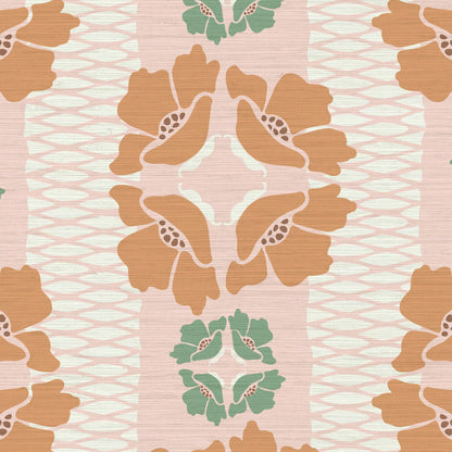 June St. George gold and green flowers on pink and white stripe wallpaper wall covering grasscloth grass cloth paper weave textured custom luxury natural woman artist women contemporary modern interior design bold tailor made Eco-Friendly
Non-toxic
High-quality 
Sustainable
Retro chic
Grand millennial
Maximalism 
Traditional
Dopamine decor
girly
