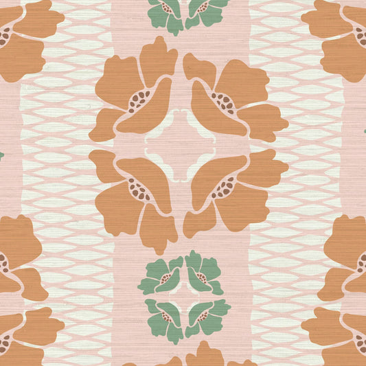June St. George gold and green flowers on pink and white stripe wallpaper wall covering grasscloth grass cloth paper weave textured custom luxury natural woman artist women contemporary modern interior design bold tailor made Eco-Friendly
Non-toxic
High-quality 
Sustainable
Retro chic
Grand millennial
Maximalism 
Traditional
Dopamine decor
girly