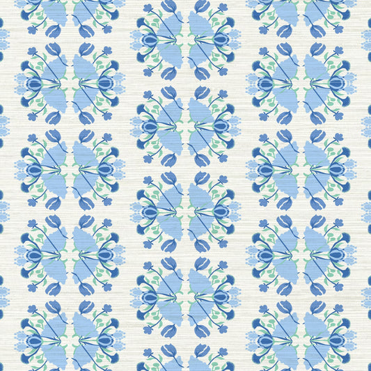 June St. George blue flowers on white wallpaper wall covering grasscloth grass cloth paper weave textured custom luxury natural woman artist women contemporary modern interior design bold tailor made Eco-Friendly
Non-toxic
High-quality 
Sustainable
Retro chic
Grand millennial
Maximalism 
Traditional
Dopamine decor
girly