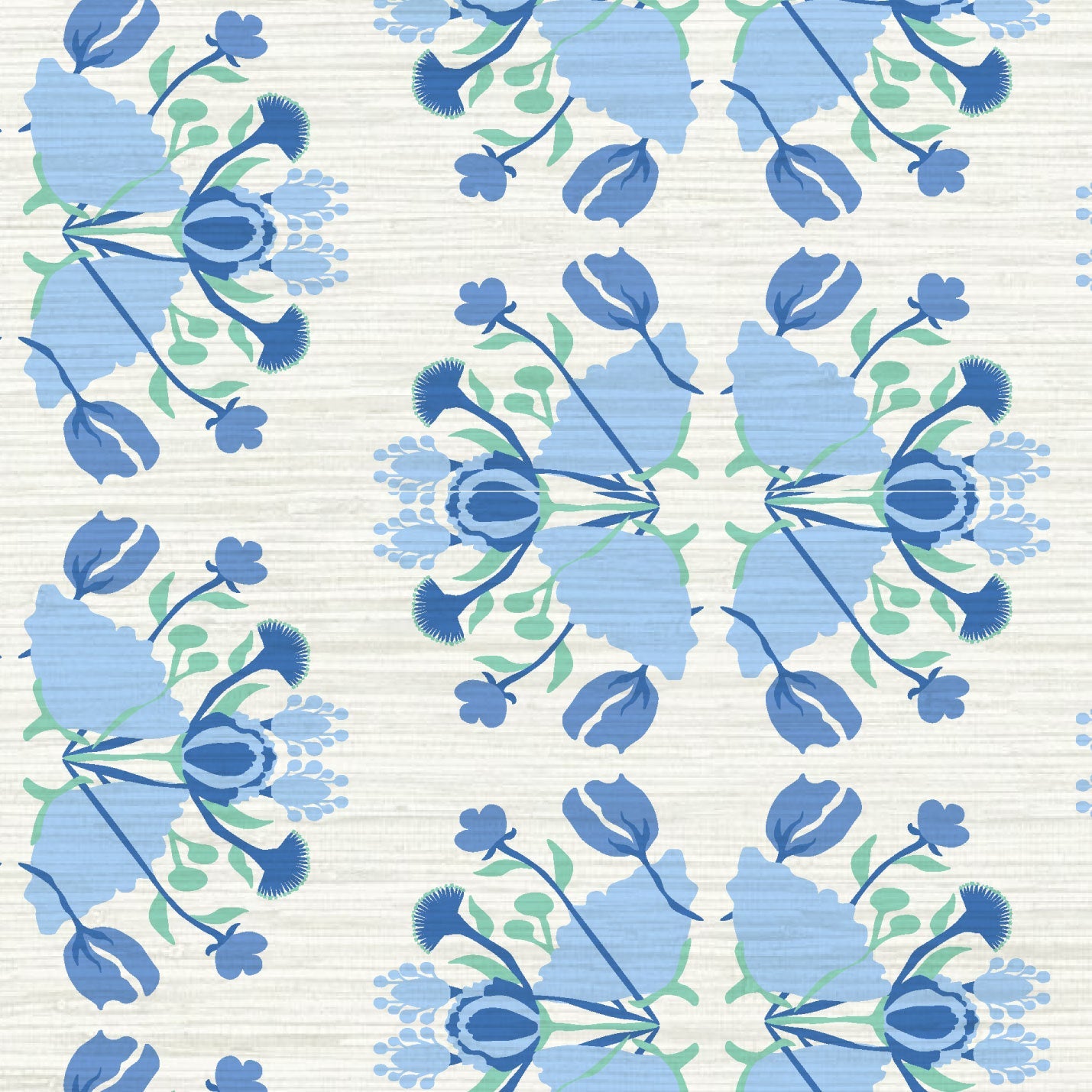 June St. George blue flowers on white wallpaper wall covering grasscloth grass cloth paper weave textured custom luxury natural woman artist women contemporary modern interior design bold tailor made Eco-Friendly
Non-toxic
High-quality 
Sustainable
Retro chic
Grand millennial
Maximalism 
Traditional
Dopamine decor
girly