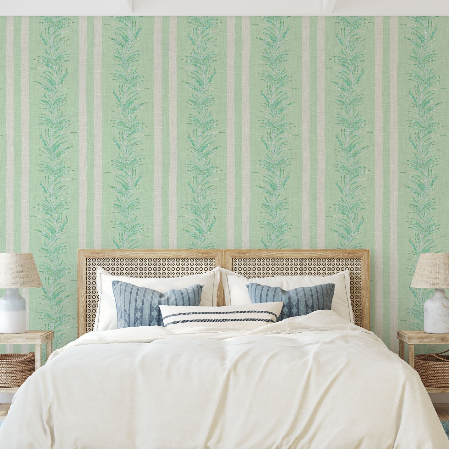 wallpaper Natural Textured Eco-Friendly Non-toxic High-quality Sustainable Interior Design Bold Custom Tailor-made Retro chic Grand millennial Maximalism Traditional Dopamine decor Tropical Jungle Coastal Garden Seaside Seashore Waterfront Vacation home styling Retreat Relaxed beach vibes Beach cottage Shoreline Oceanfront Nautical Cabana preppy Cottage core Countryside Vintage vertical stripe cabana leaf palm green mint white linen