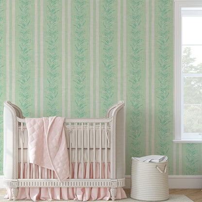 wallpaper Natural Textured Eco-Friendly Non-toxic High-quality Sustainable Interior Design Bold Custom Tailor-made Retro chic Grand millennial Maximalism Traditional Dopamine decor Tropical Jungle Coastal Garden Seaside Seashore Waterfront Vacation home styling Retreat Relaxed beach vibes Beach cottage Shoreline Oceanfront Nautical Cabana preppy Cottage core Countryside Vintage vertical stripe cabana leaf palm green mint white linen