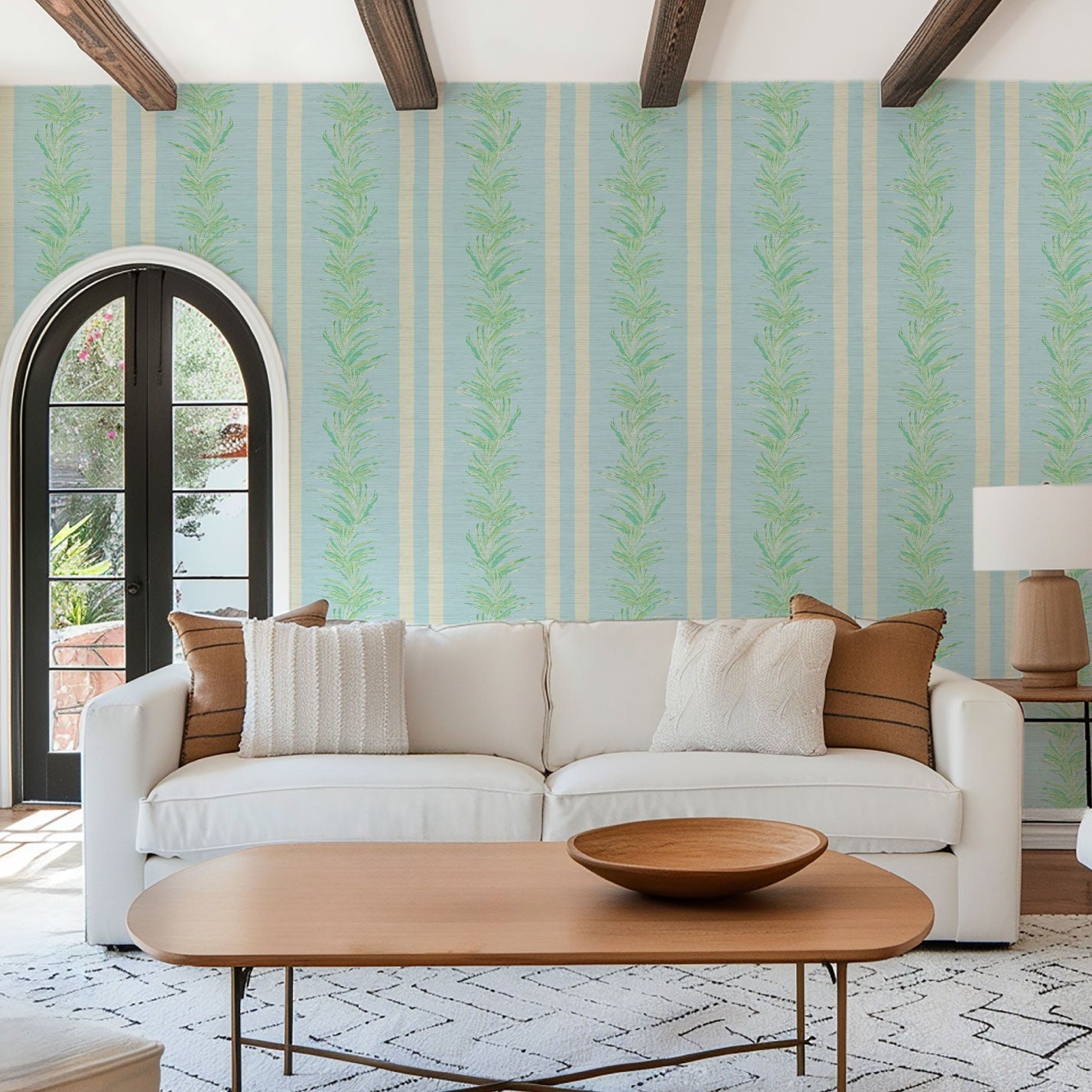 wallpaper Natural Textured Eco-Friendly Non-toxic High-quality Sustainable Interior Design Bold Custom Tailor-made Retro chic Grand millennial Maximalism Traditional Dopamine decor Tropical Jungle Coastal Garden Seaside Seashore Waterfront Vacation home styling Retreat Relaxed beach vibes Beach cottage Shoreline Oceanfront Nautical Cabana preppy Cottage core Countryside Vintage vertical stripe cabana leaf palm green mint white linen french light blue
