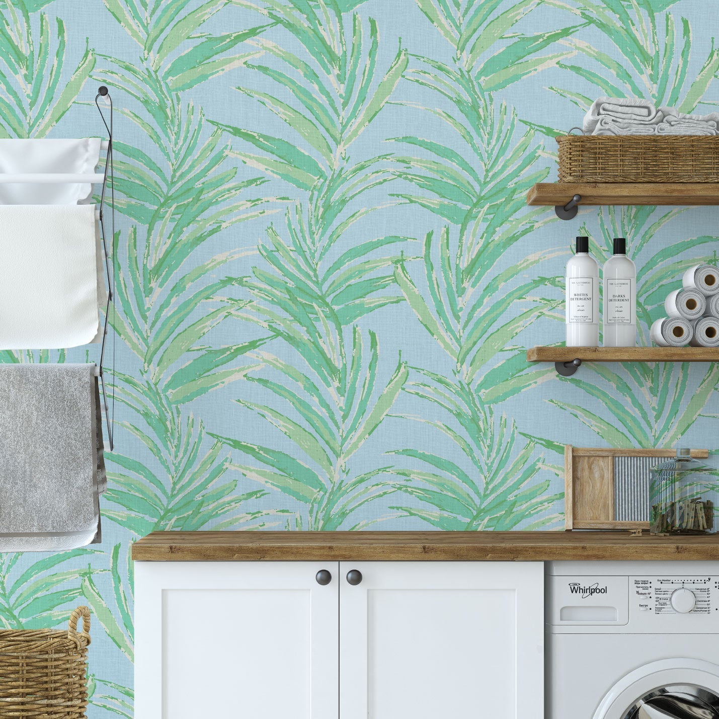 printed wallpaper of linear twisted palm leaves vertical oversized stripes Grasscloth Natural Textured Eco-Friendly Non-toxic High-quality Sustainable practices Sustainability Interior Design Wall covering Bold Wallpaper Custom Tailor-made Retro chic Tropical jungle beverly hills hilton hotel palm print garden botanical Coastal Seashore Waterfront Vacation home styling Retreat Relaxed beach vibes Beach cottage Shoreline beverly hills hotel ocean blue sky light baby pastel green mint sage linen