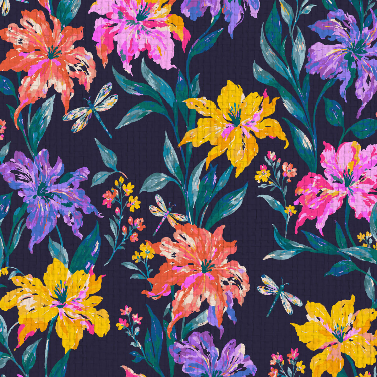 Firefly Social Floral Dragonfly Wallpaper in Evening Bloom on basketweave: bright lilies and dragonflies on a deep navy ground