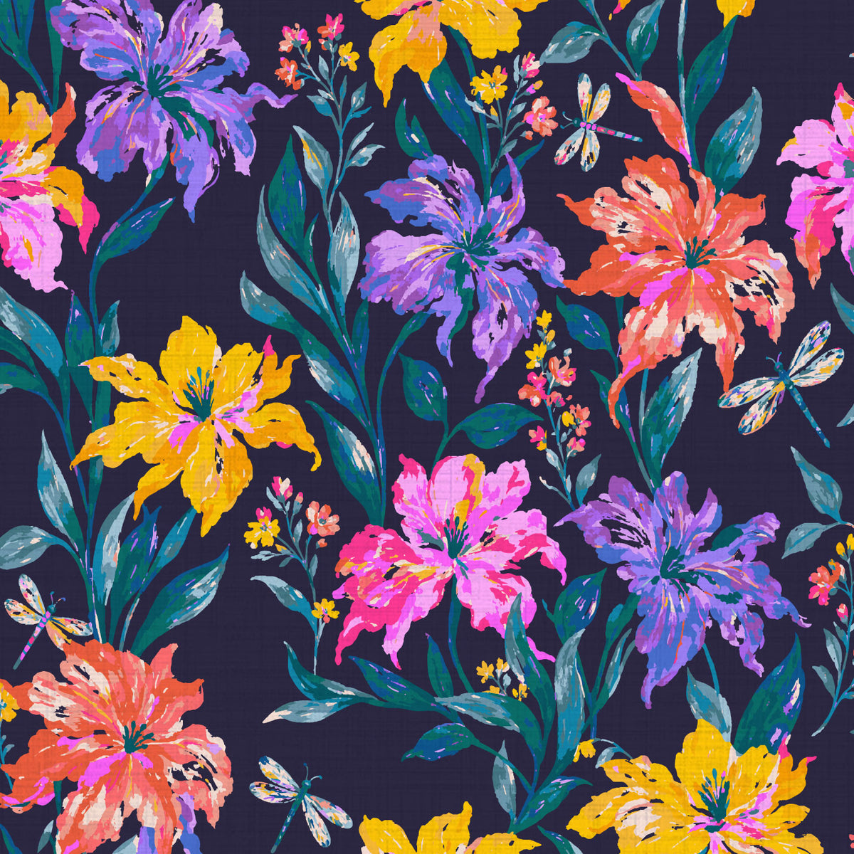 Firefly Social Floral Dragonfly Wallpaper in Evening Bloom on textured vinyl: jewel-toned lilies and teal foliage on a deep navy ground