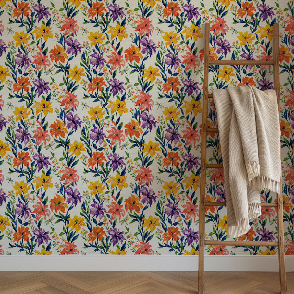 Golden Hour Firefly Social floral wallpaper with a wooden ladder and a draped linen throw