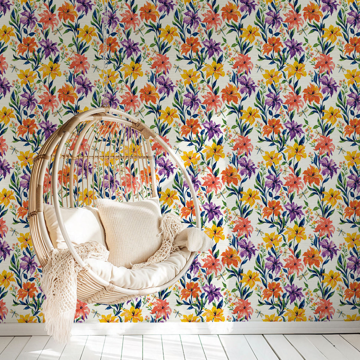 Golden Hour Firefly Social floral wallpaper behind a hanging rattan chair with cream cushions