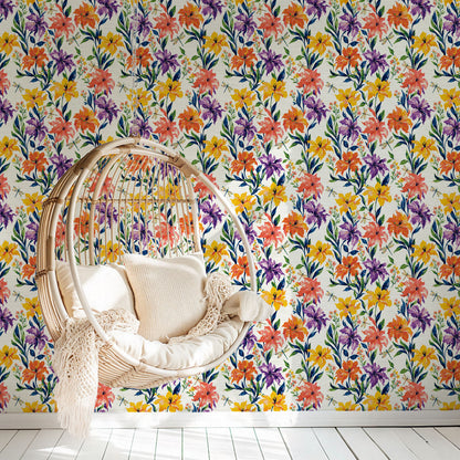Golden Hour Firefly Social floral wallpaper behind a hanging rattan chair with cream cushions
